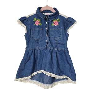 Real Love Chambray Lace Floral Embroidery Half Button Down Dress Girls 5/6